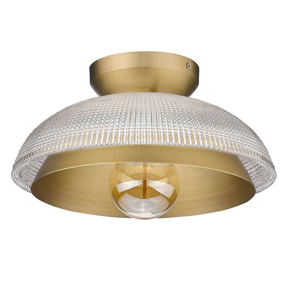 Golden Lighting 0309-FM BCB-RPG Crawford Flush Mount in Brushed Champagne Bronze with Retro Prism Glass Shade